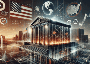 Futuristische digitale illustratie van een modern financieel gebouw met transparante grafieken en een zwart-oranje kleurenschema, symbool voor World Liberty Financial en financiële transparantie.