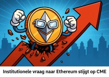 Cartoonachtige Ethereum-munt met brillen die door een rode stijgende pijl breekt tegen een stedelijke skyline, symbool voor stijgende institutionele interesse op de futuresmarkt.