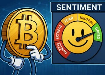 Karikatuur van een Bitcoin-personage dat wijst naar een sentimentmeter die richting hebzucht staat
