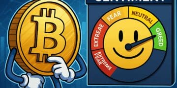 Karikatuur van een Bitcoin-personage dat wijst naar een sentimentmeter die richting hebzucht staat