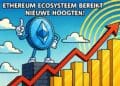Cartoonachtige Ethereum-munt staat op een toren naast stijgende gouden balken en een rode pijl omhoog, onder een blauwe lucht met wolken.