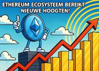 Cartoonachtige Ethereum-munt staat op een toren naast stijgende gouden balken en een rode pijl omhoog, onder een blauwe lucht met wolken.