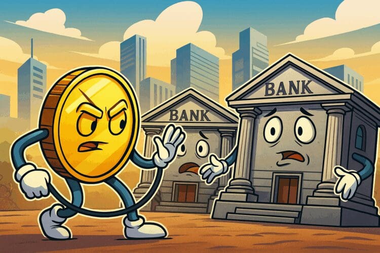 Cartoon van een boze stablecoin die traditionele banken confronteert in een moderne stad, als symbool voor de machtsverschuiving in de financiële wereld.