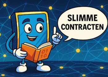 Cartoon van een vrolijk smart contract-figuurtje dat uitlegt wat slimme contracten zijn, met een boek en blockchain-achtergrond