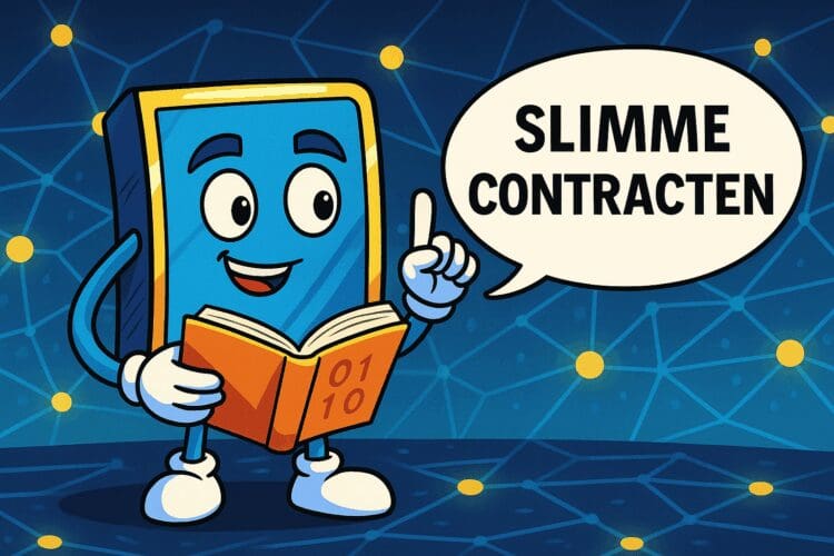Cartoon van een vrolijk smart contract-figuurtje dat uitlegt wat slimme contracten zijn, met een boek en blockchain-achtergrond