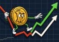 Cartoon van een Bitcoin-munt met armen en benen die zich vasthoudt aan een dalende rode trendlijn en probeert een stijgende groene lijn te grijpen, tegen een achtergrond van een financieel grid.