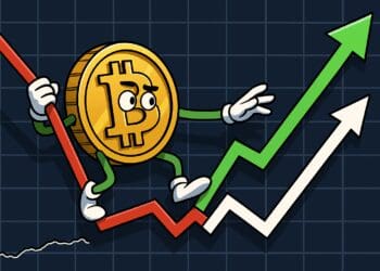 Cartoon van een Bitcoin-munt met armen en benen die zich vasthoudt aan een dalende rode trendlijn en probeert een stijgende groene lijn te grijpen, tegen een achtergrond van een financieel grid.