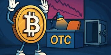 Cartoon van een Bitcoin-personage voor een lege OTC-desk met dalende grafiek en open kluis, symboliserend schaarste in aanbod.