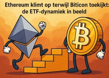 Cartoon van een juichende Ethereum die een trap oploopt terwijl Bitcoin met grote ogen toekijkt, met op de achtergrond warme oranje wolken. Tekst bovenaan benadrukt de ETF-dynamiek.
