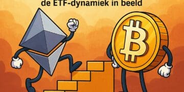 Cartoon van een juichende Ethereum die een trap oploopt terwijl Bitcoin met grote ogen toekijkt, met op de achtergrond warme oranje wolken. Tekst bovenaan benadrukt de ETF-dynamiek.