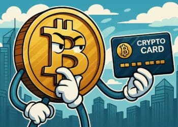Karikaturale gouden Bitcoin-figuur die zelfverzekerd een blauwe crypto betaalkaart omhooghoudt tegen de achtergrond van een moderne stad