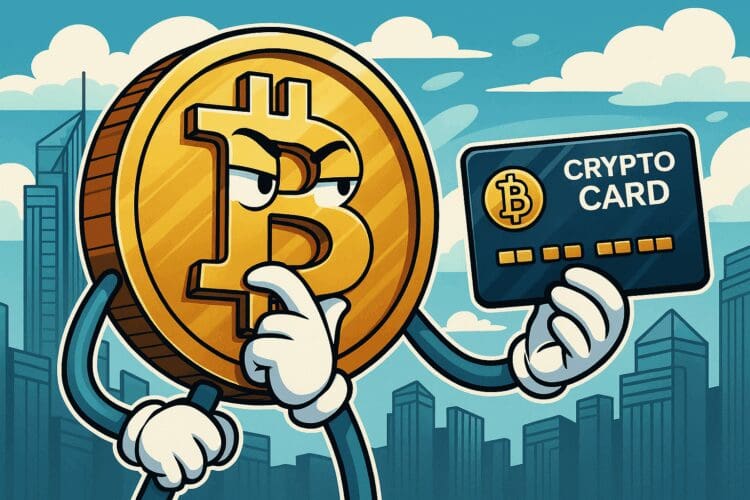 Karikaturale gouden Bitcoin-figuur die zelfverzekerd een blauwe crypto betaalkaart omhooghoudt tegen de achtergrond van een moderne stad