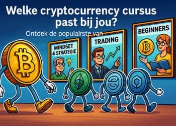 Cartoonachtige illustratie waarin vier crypto-karakters (Bitcoin, Ethereum en twee altcoins) langs cursusposters lopen met thema’s als 'Mindset & Strategie', 'Trading' en 'Beginners',