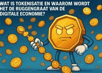 Cartoonachtige afbeelding van een humanoïde gouden token met een vastberaden blik, omringd door zwevende tokens en verbonden met een ketting van digitale munten, als symbool voor tokenisatie in de digitale economie.