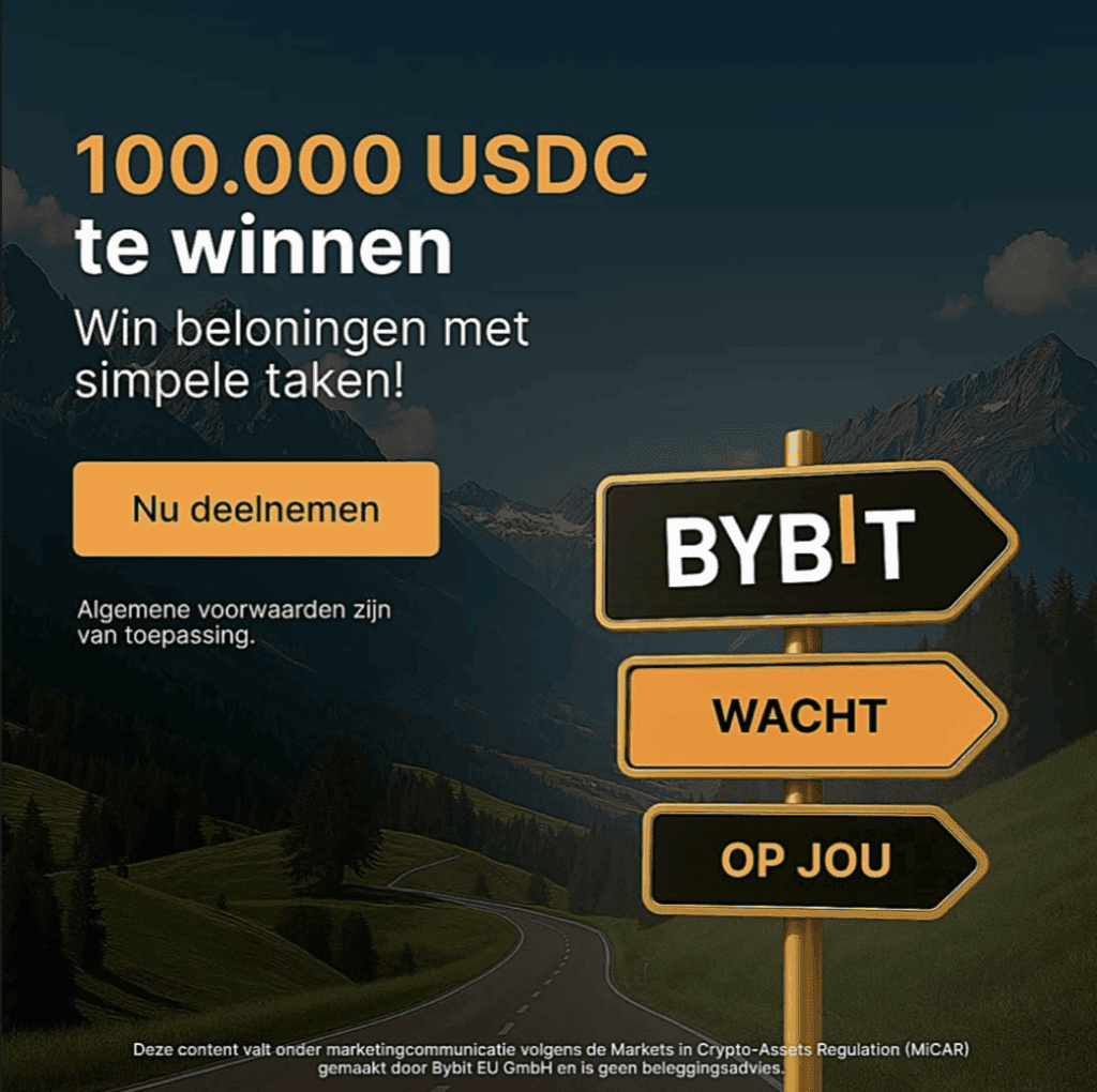 Instagram-advertentie van Bybit EU met promotie voor een €100.000 USDC giveaway, inclusief knop “Nu deelnemen” en richtingborden met de tekst “Bybit wacht op jou” tegen een berglandschap.