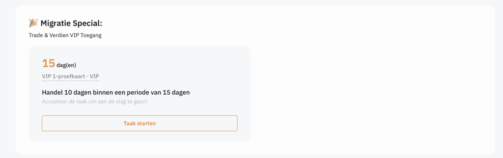 Migratie Special-pagina van Bybit.eu met een taak om 10 dagen te handelen binnen 15 dagen voor een VIP 1-proefkaart en twee weken VIP-toegang.