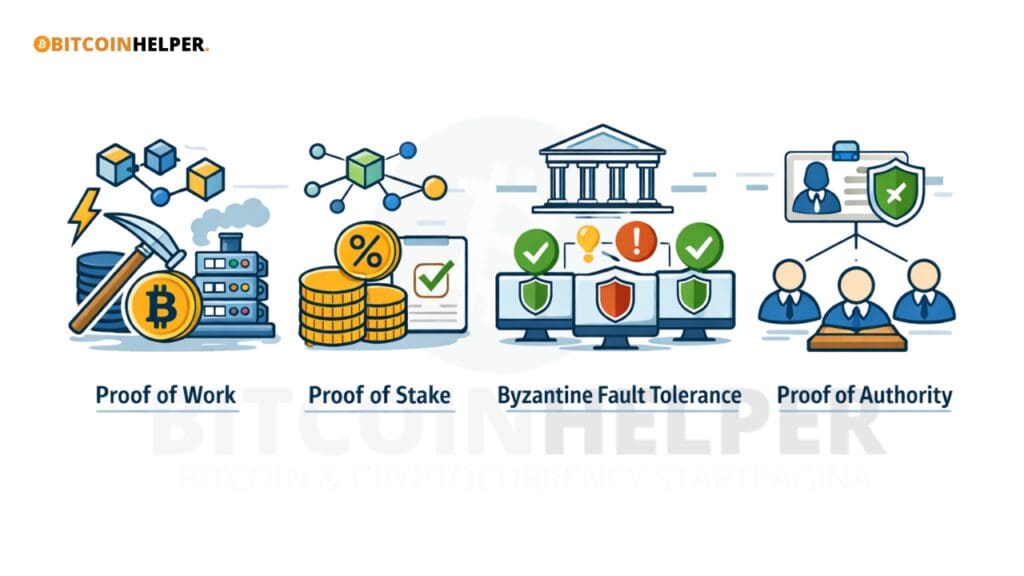 Illustratie in landscape-formaat met symbolische weergave van blockchain consensusmechanismen, waaronder Proof of Work, Proof of Stake, Byzantine Fault Tolerance en Proof of Authority.