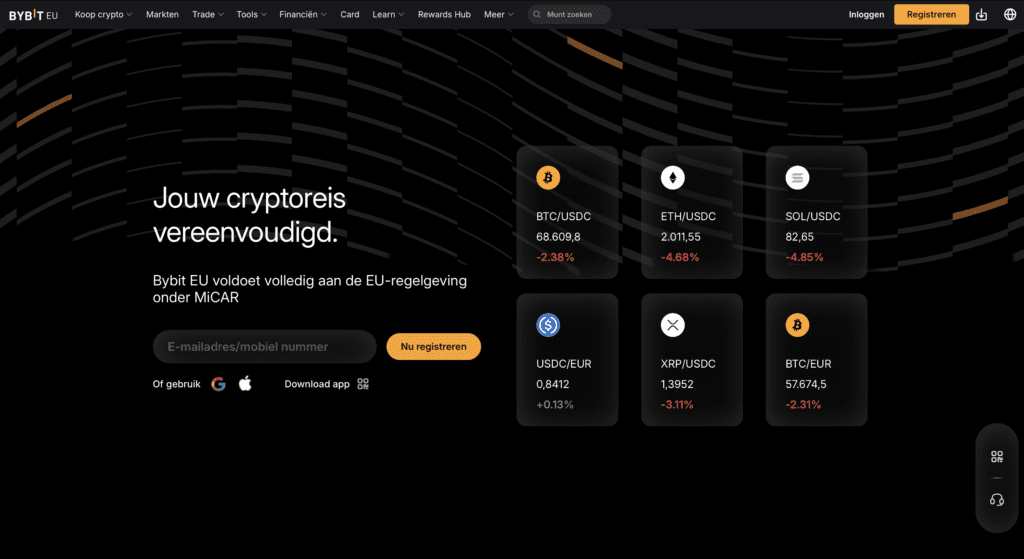 Bybit EU homepage met overzicht van cryptomarkten, koersen en knop om een account te registreren