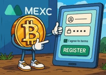 Cartoonstijl afbeelding van een vrolijke Bitcoin-munt die met een tablet een registratieformulier invult bij MEXC, met een groene ‘REGISTER’-knop en het MEXC-logo op de achtergrond.