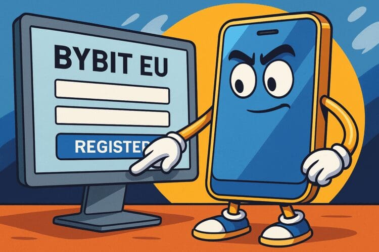 Cartoon van een smartphonepersonage dat op een computer het registratieformulier van Bybit EU invult en op de registreerknop drukt.