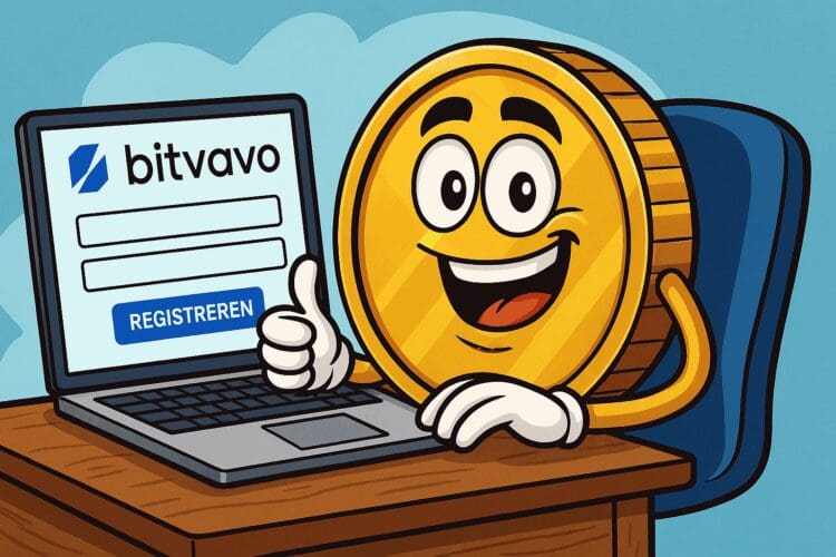 Cartoonillustratie van een vrolijke Bitcoin-munt met armen en gezicht die achter een laptop zit waarop het Bitvavo-logo en een registratieformulier zichtbaar zijn, terwijl het Bitcoin-karakter een duim omhoog steekt.
