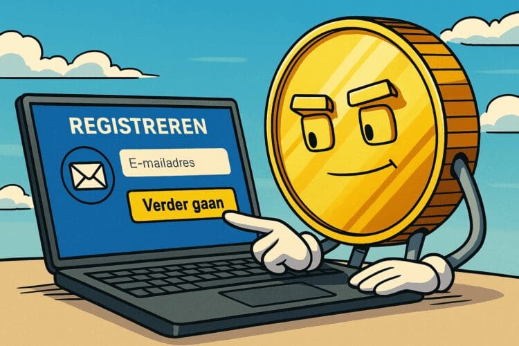 Karikatuur van een gouden munt die op een laptop registreert bij Finst, met een registratieformulier op het scherm.