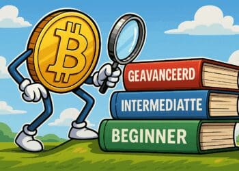 Cartoon van een Bitcoin-personage met een vergrootglas dat drie stapels boeken bekijkt met de labels Beginner, Intermediate en Geavanceerd, als metafoor voor verschillende kennisniveaus in crypto.