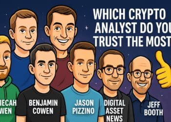 Cartoonstijl-illustratie van zeven bekende crypto-analisten in Cointelegraph-achtige stijl met de vraag "Which crypto analyst do you trust the most?" op een sterrenachtergrond.