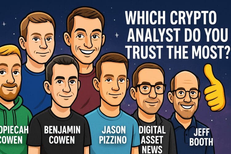 Cartoonstijl-illustratie van zeven bekende crypto-analisten in Cointelegraph-achtige stijl met de vraag "Which crypto analyst do you trust the most?" op een sterrenachtergrond.