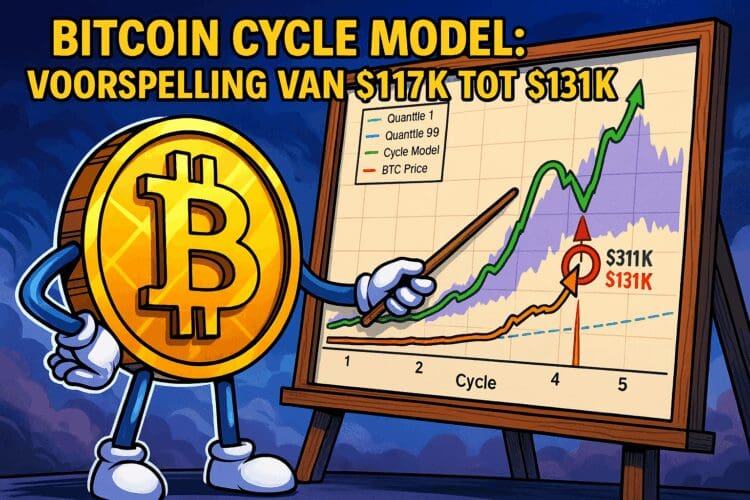 Cartoonstijl illustratie van een antropomorfe Bitcoin die naar een prijsgrafiek wijst met een voorspelde piek tussen $117K en $131K in de komende cyclus.