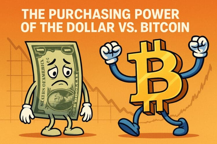 Illustratie van een verdrietige dollar en een triomferende Bitcoin met dalende en stijgende grafieken op de achtergrond, symbool voor de dalende waarde van de dollar en de stijgende waarde van Bitcoin.
