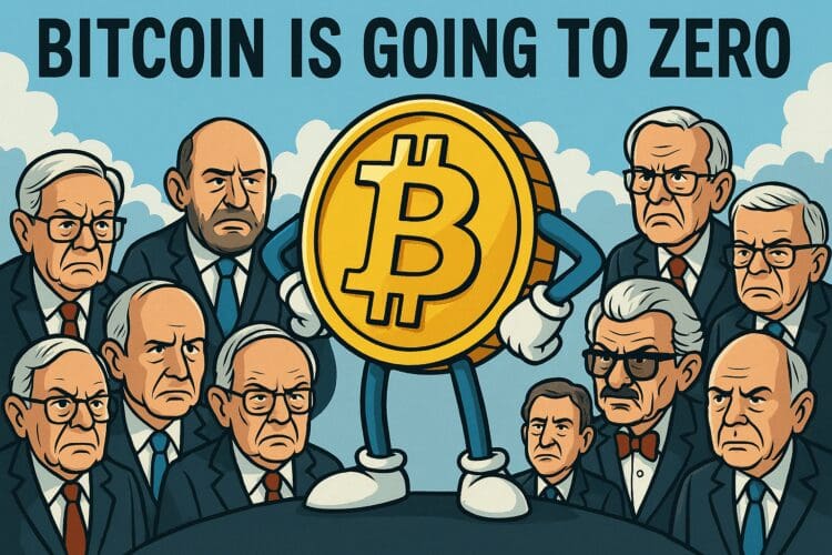 Karikatuur van een zelfverzekerde Bitcoin te midden van boze financiële experts die voorspelden dat het naar nul zou gaan.