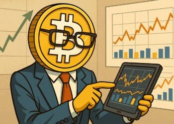 Karikatuur van een Bitcoin-personage in pak dat financiële grafieken analyseert op een tablet.