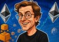 Karikatuur van Jeffrey Wilcke met overdreven gezichtskenmerken, omringd door Ethereum-logo’s, blockchain-blokken en koersgrafieken op een kosmische achtergrond.