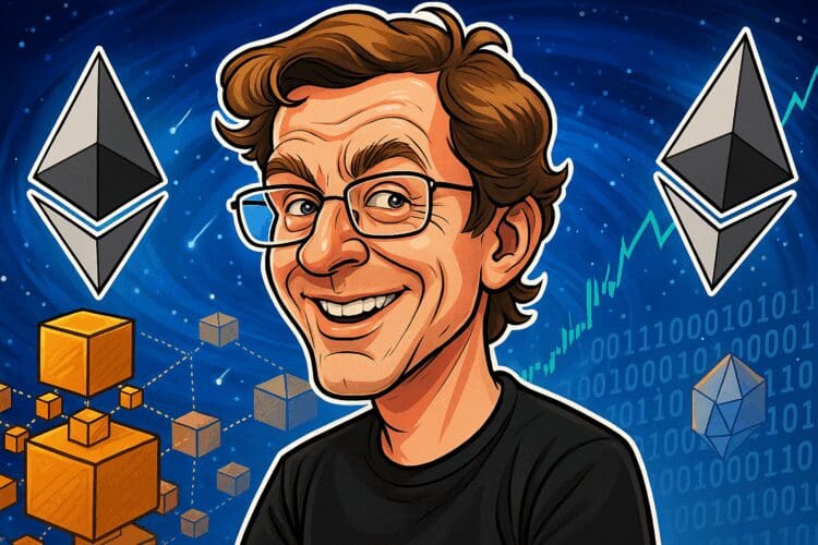 Karikatuur van Jeffrey Wilcke met overdreven gezichtskenmerken, omringd door Ethereum-logo’s, blockchain-blokken en koersgrafieken op een kosmische achtergrond.