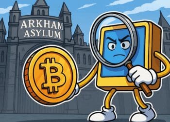 Cartoon van een computerscherm met vergrootglas dat een Bitcoin onderzoekt voor Arkham Asylum, in crypto karikatuurstijl
