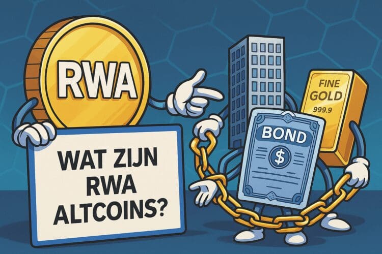 Een kleurrijke crypto-karikatuur waarin een RWA-muntpersonage een bord vasthoudt met de tekst “Wat zijn RWA Altcoins?”, terwijl het wijst naar getokeniseerde activa zoals een gebouw, obligatie en goudstaaf, verbonden via een gele ketting tegen een blauw geometrisch patroon.