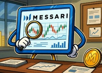 Cartoonstijl afbeelding van Messari als tablet met vergrootglas dat een crypto koersgrafiek analyseert in een kantooromgeving.