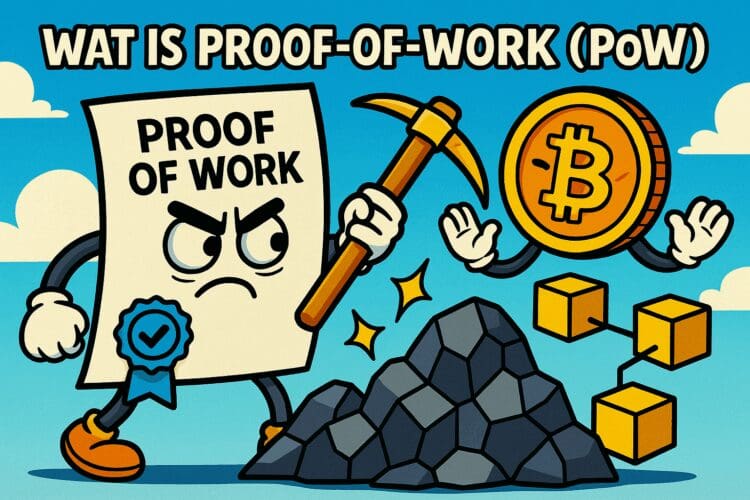 Cartoonachtige crypto-illustratie met een boze "Proof of Work"-documentfiguur die met een pikhouweel stenen hakt, naast een lachende Bitcoin-munt en zwevende blockchainblokken, tegen een blauwe lucht met wolken.