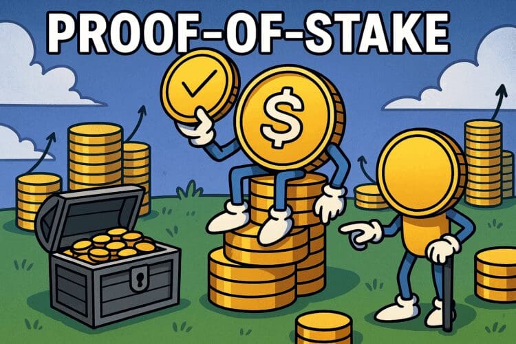 Cartoonachtige crypto-illustratie van het Proof-of-Stake concept, met antropomorfe gouden munten op stapels munten en een schatkist, tegen een levendige blauwe lucht.