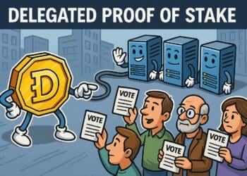 Een kleurrijke crypto-karikatuur waarin een gouden munt met de letter D, omringd door kiezers met stembiljetten, vertegenwoordigers aanwijst. Op de achtergrond staan drie vrolijke servers tegen een blauw-grijze stadsachtergrond in landscape-formaat.