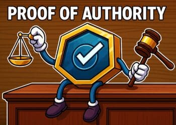 Cartoonstijl illustratie van een blockchain-badge met een blauw vinkje, zittend achter een rechterstafel, met in de ene hand een weegschaal en in de andere hand een houten hamer