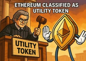 Cartoon van Ethereum als utility token in rechtszaal, met rechter en hamer