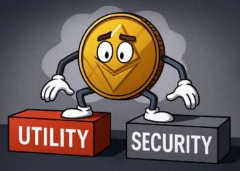 Karikatuur van een crypto-token die met beide benen op blokken staat met de teksten “UTILITY” en “SECURITY”