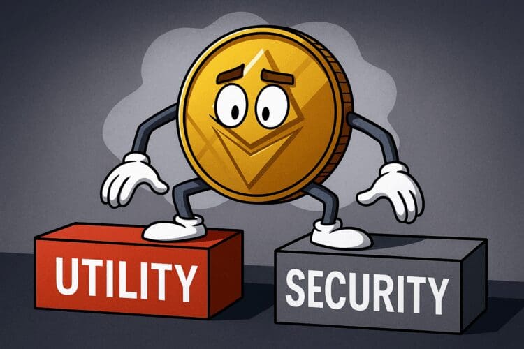 Karikatuur van een crypto-token die met beide benen op blokken staat met de teksten “UTILITY” en “SECURITY”