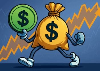 Karikatuur van een geldzak met armen en benen die een grote groene munt vasthoudt, met op de achtergrond een stijgende crypto-grafiek in oranje en een blauwe achtergrond