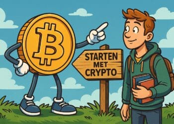 Illustratie van een cartoonachtige Bitcoin die een bord aanwijst met 'Starten met crypto', naast een jongeman met boeken in zijn hand.