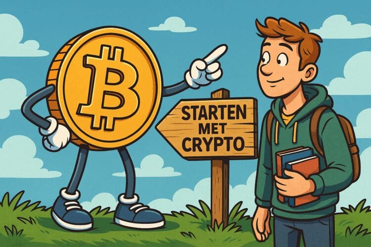 Illustratie van een cartoonachtige Bitcoin die een bord aanwijst met 'Starten met crypto', naast een jongeman met boeken in zijn hand.