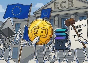 Cartoon van de Digitale Euro, Ethereum, Solana en de Amerikaanse stablecoinwet voor het ECB-gebouw met EU-vlaggen