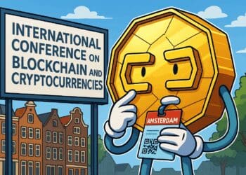 Karikatuur van een gouden Bitcoin-munt als conferentiebezoeker in Amsterdam bij de International Conference on Blockchain and Cryptocurrencies.
